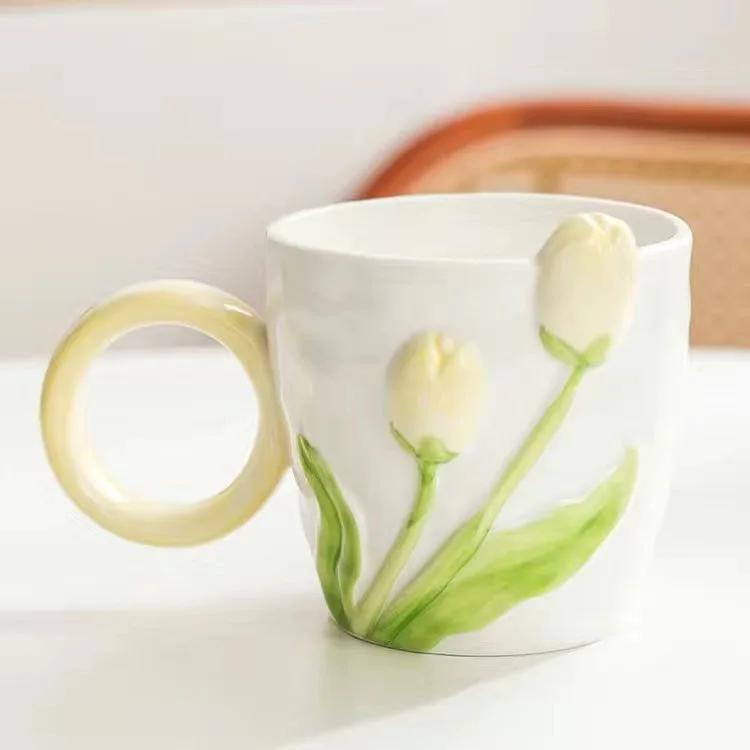 1pc Tulip Flower Ceramic Mug 3D Design Creative Relief Girl Heart Coffee Cup Birthday Mothers Day Gift for Her Afternoon Tea Cup