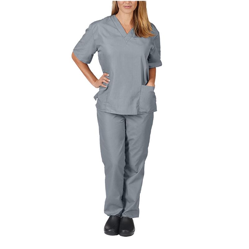 European and American Style Solid Color V-Neck Nursing Uniform Set for Women - Protective Two-Piece with Pockets