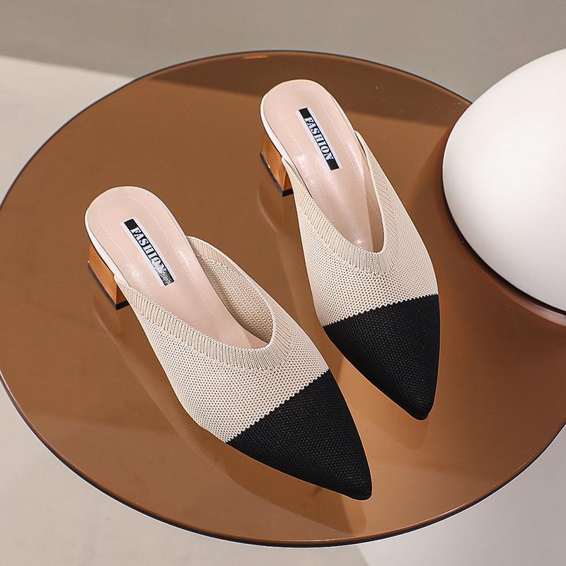 

Летающие плетеные тапочки-мюли женские 2025 весна и осень новая мода средний каблук острый носок толстый каблук для ленивых на одну ногу полу-шлепанцы 41