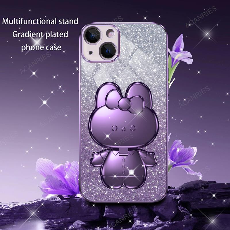 Cute 3D Rabbit Makeup Mirror Stand Plating Case For Iphone 15 Pro Max 14 Plus 13 12 Mini 11 X Xr Xs 8 7 Se Protect Back Cover