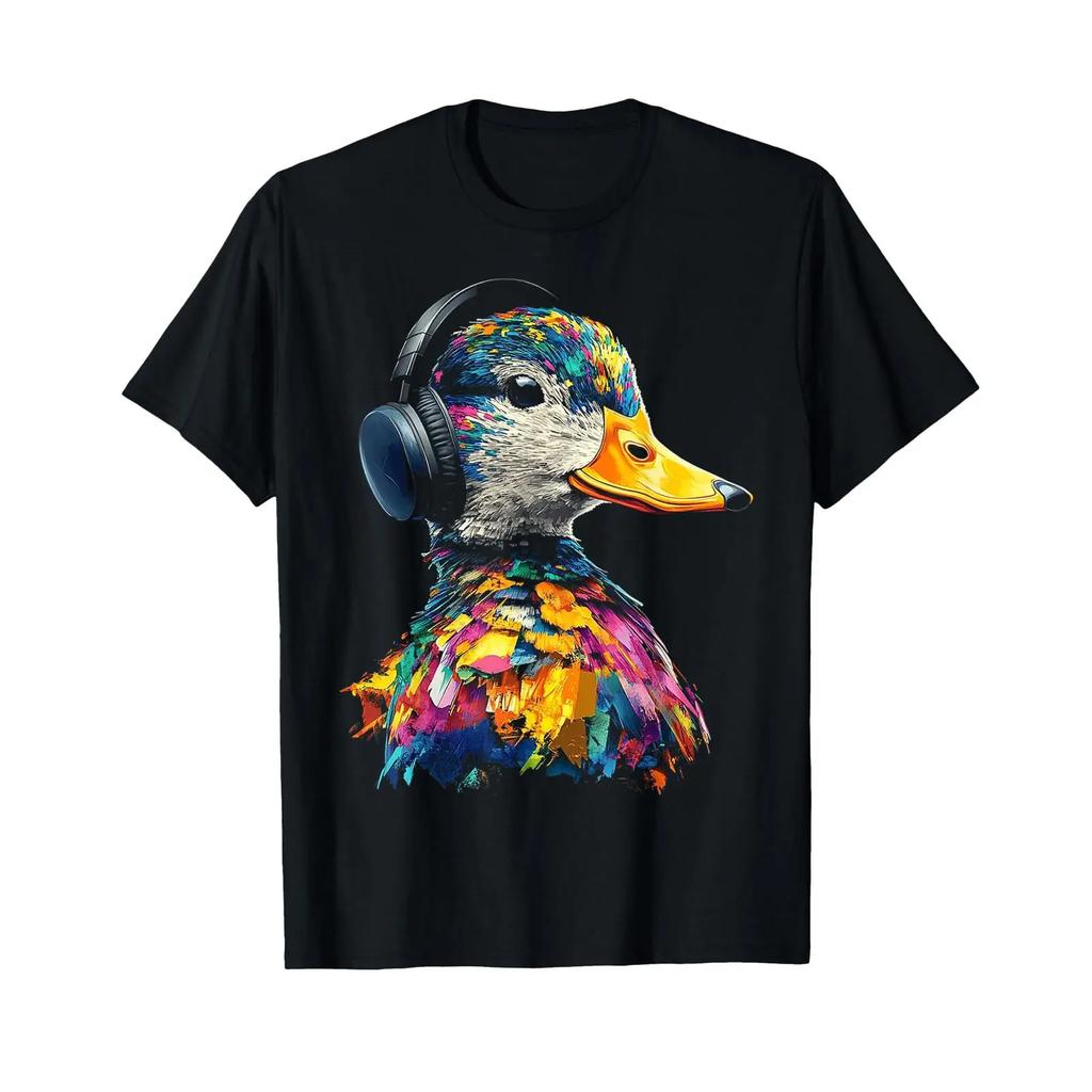 Duck Bird Animal Illustration Music Headphones T Shirt Vintage Casual Designer Clothes Stylish Versatile Graphic