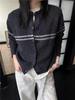 Women's Retro Wool Color Block Stripe Cardigan - Round Neck, Loose Fit, Slimming Soft Knit Jacket