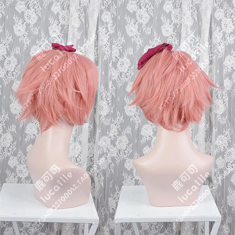 High Quality DDLC Doki Doki Literature Club Sayori Cosplay Wig Short Pink Heat Resistant Synthetic Hair Anime Wigs + Red Bowknot