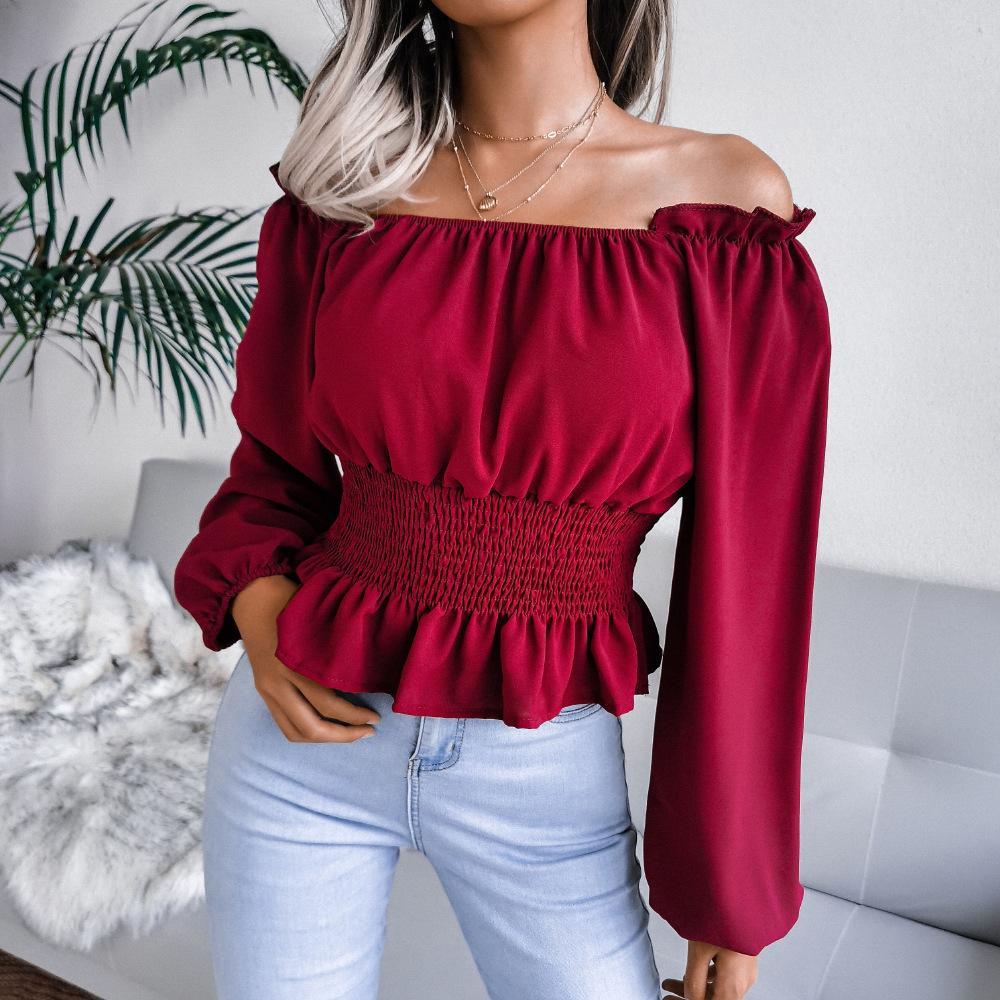 DAFIFY Women's Fashion Casual Solid Color Print Fall Winter Long Sleeve One Shoulder Pullovers & Long Sleeves