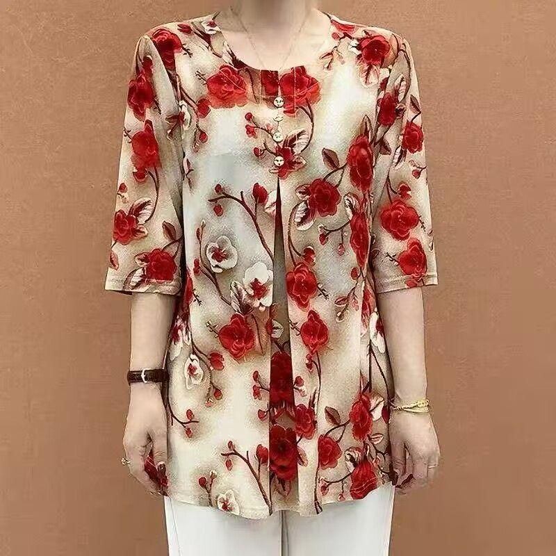 Women's Plus Size Printed T-Shirt Loose Summer Fit Round Neck Short Sleeve Blouse