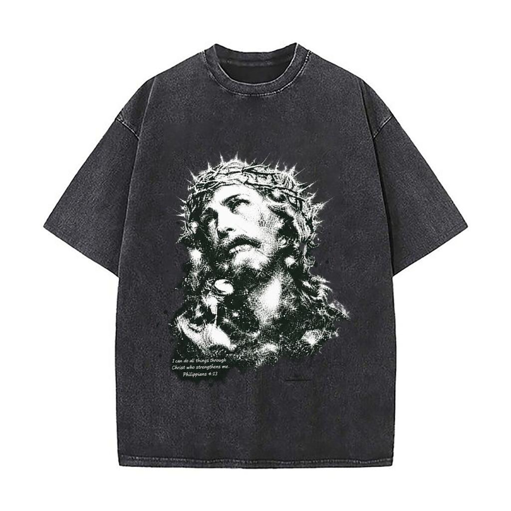 Through Christ I Can Do All Things Crown Thorns Philippians 4 13 Washed Short Sleeve Loose Streetwear Tee Hip Hop