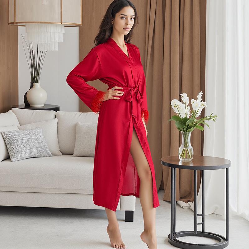 Elegantes Satin-Seiden-Pyjama-Set für Damen: Sommer-Feder-Bademantel, Langarm-Oberteil, Camisole & Hose - 1019