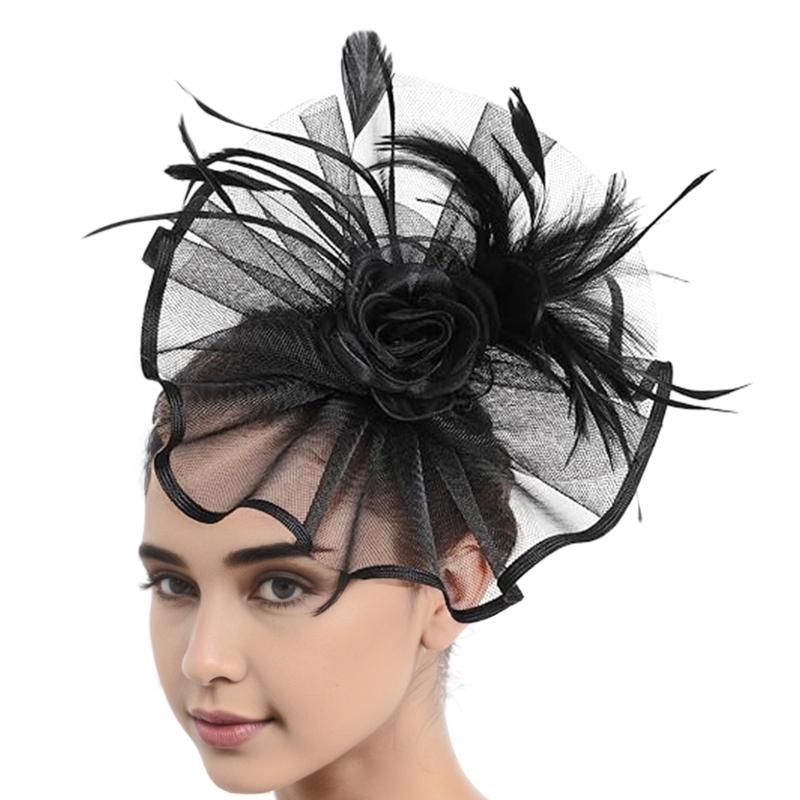 Elegant Feathered Tulle Fascinator Hat with Hair Clip For Women Church Wedding Party Bridal Shower Headpiece Accessory