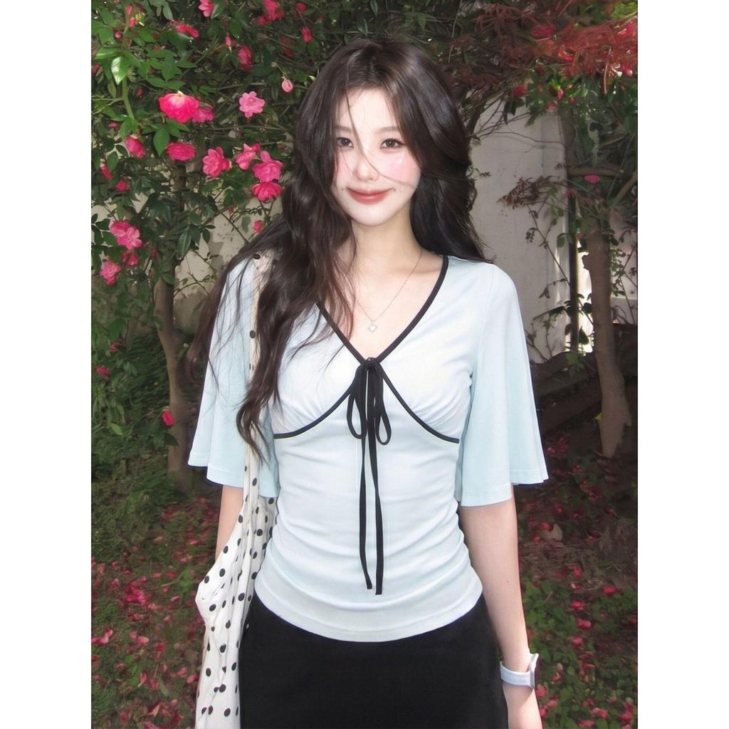 V-neck Flared Sleeve Waist T-shirt Women's Summer Super Hot Wear Slim and Thin Niche Design Short-sleeved Top