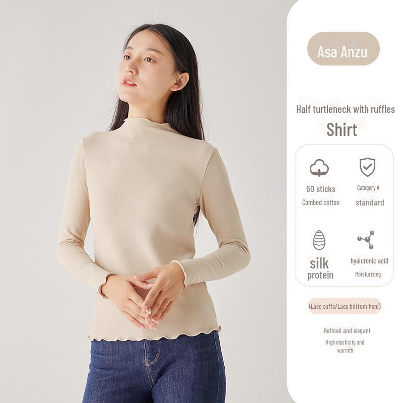 

Женский антибактериальный гибридный топ Delong: Гиалуроновая кислота, деревянная отделка ушей, утягивающие длинные рукава для осени/зимы. M (recommended 90~110 jin)