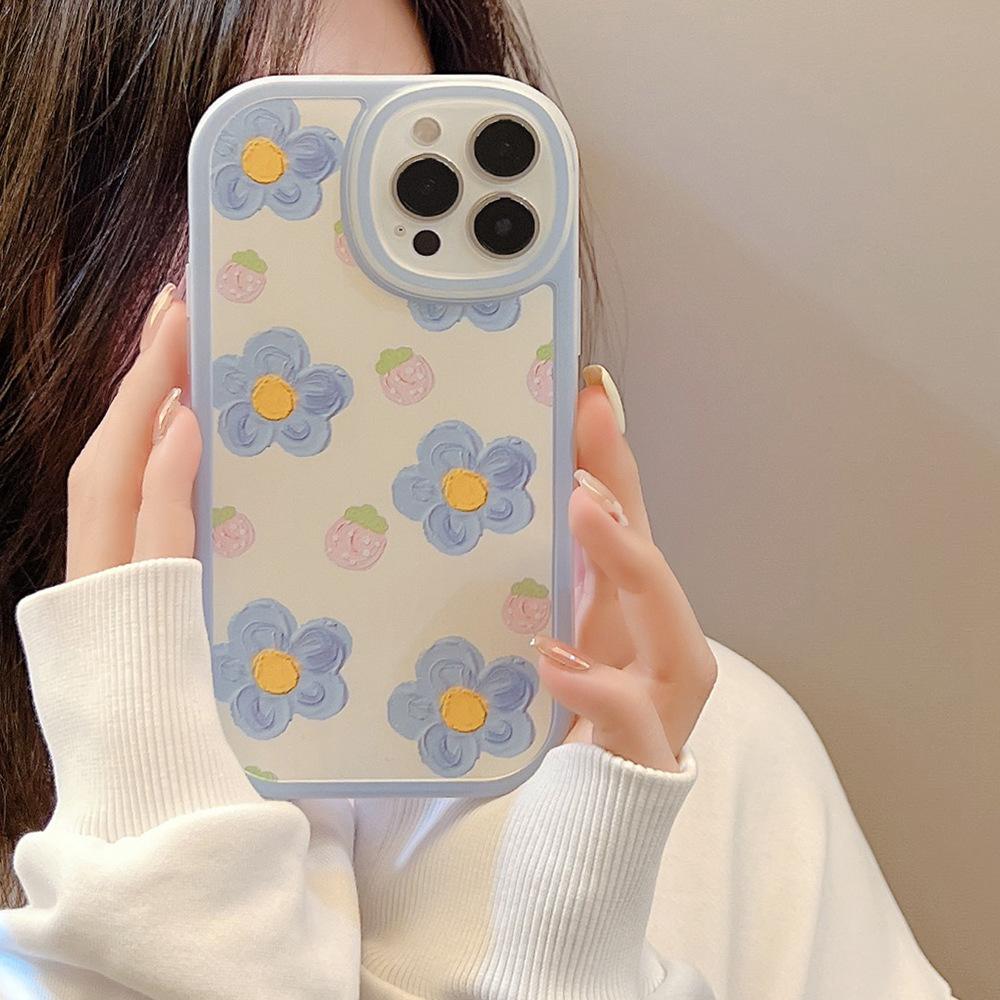 Cute Oil Painting Blue Flower Phone Case for iPhone Aesthetic Floral Strawberry Shockproof Cover, Soft Silicone Protective Case for Women Girls