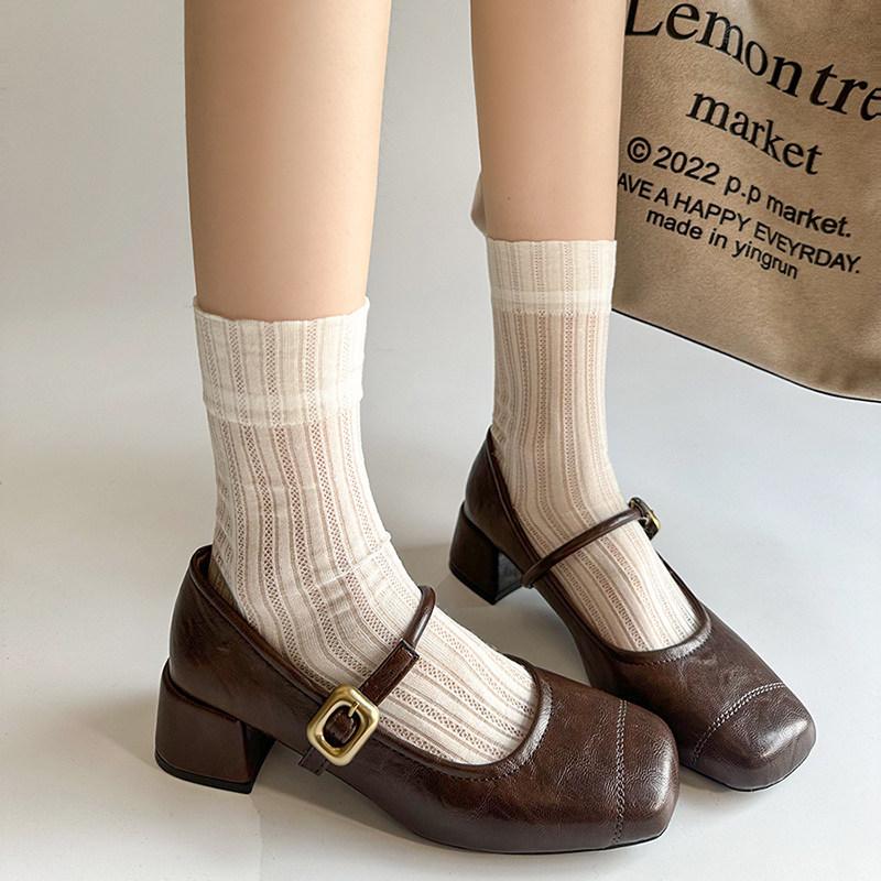 Дизайнерські Вінтажні Жіночі Туфлі Мері Джейн на Товстому Каблуці Британський Стиль Квадратний Носок Шкіряні Туфлі Весна Осінь Лаконічні Zapatos De Mujer