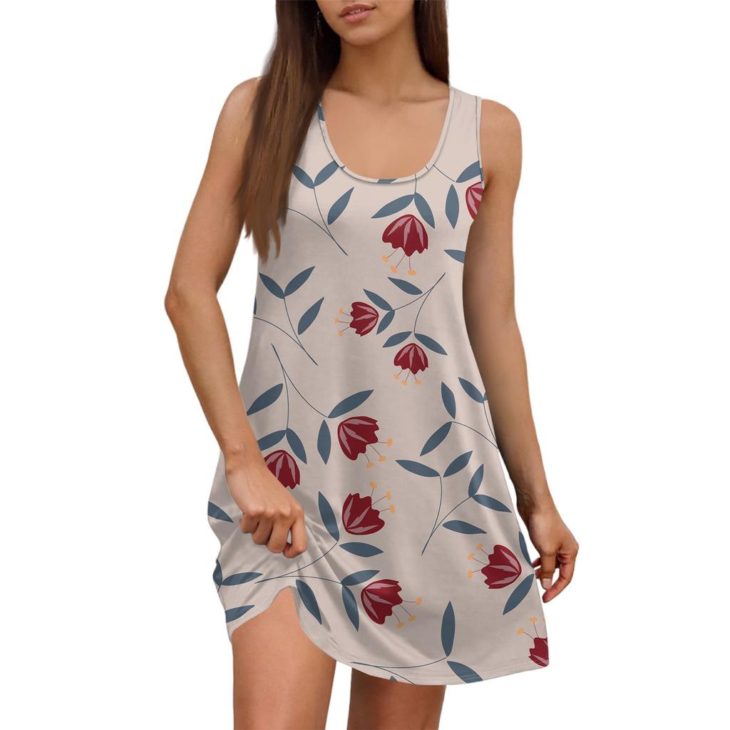 Women's Summer Casual Square Neck Floral Print Dress Sleeveless Dress With Pockets