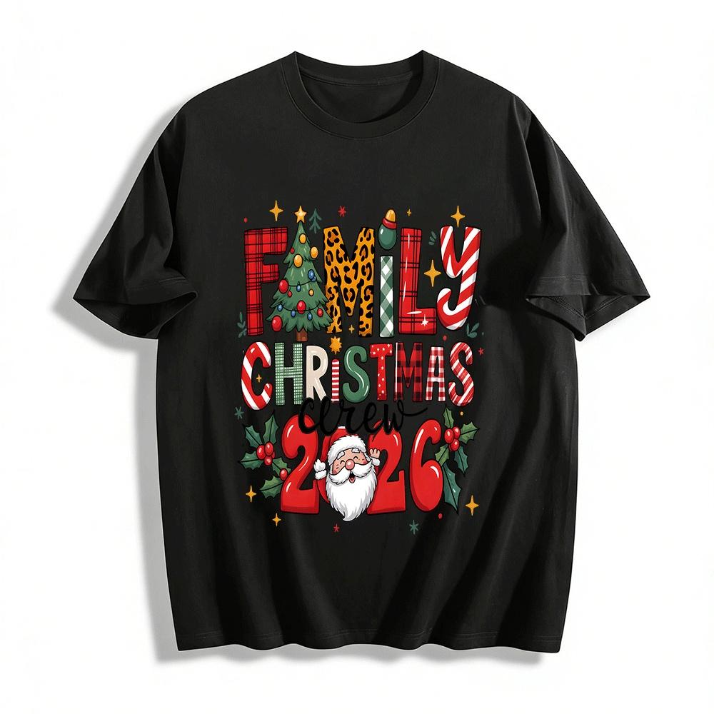 2026 Family Christmas Crew Themed Print Holiday Family Top Pure cotton T-shirt