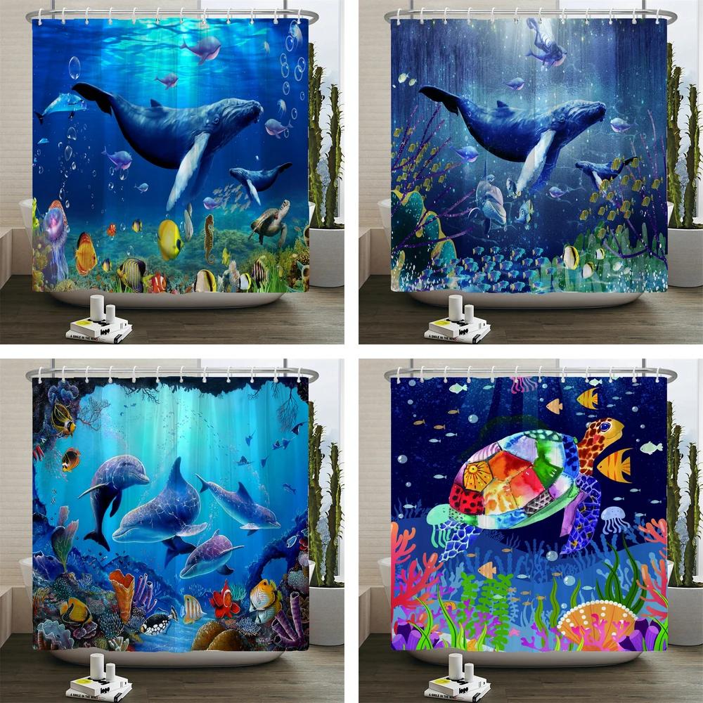 Ocean Underwater World Turtle Dolphin 3D Printing Shower Curtain Bathroom Curtain Waterproof Polyester Bath Curtains with Hooks