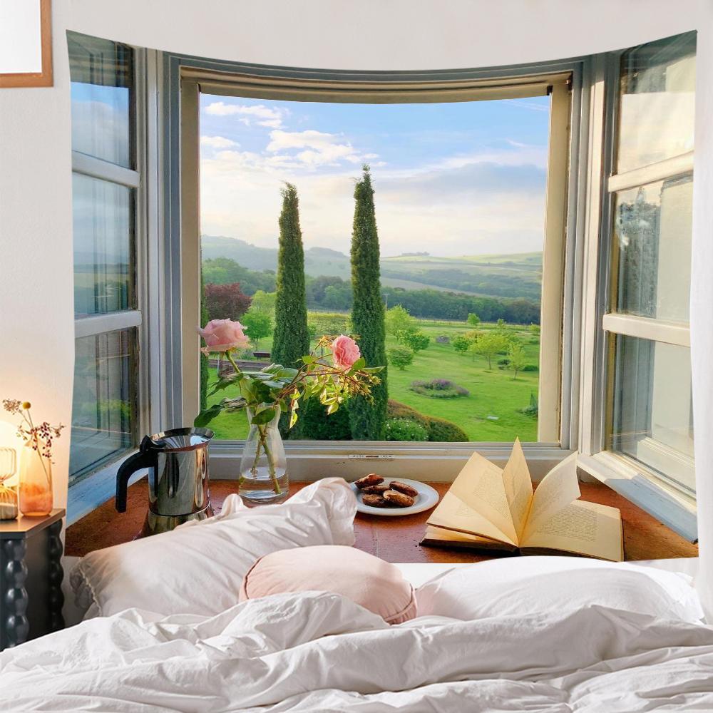 Hanging Home Decoration Wall Cloth Tapestry Imitation Window Mountain View Tapestry Sea Window Forest Wall