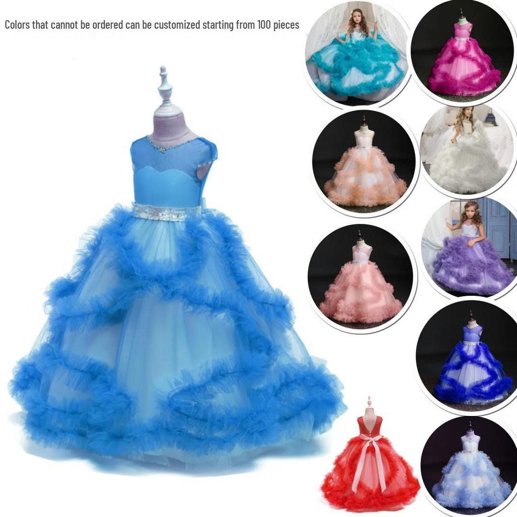 Hot-Selling Children's Princess Flower Girl Wedding & Evening Gown: Floor-Length, Puffy Performance Costume for Girls