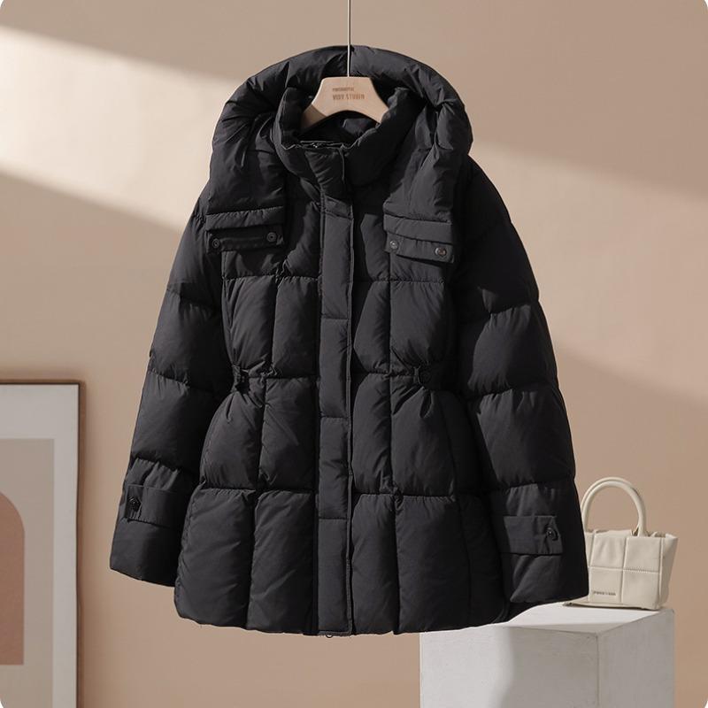 Black hooded duck down jacket, autumn and winter women's clothing, slim waist and thin medium and long down jacket women