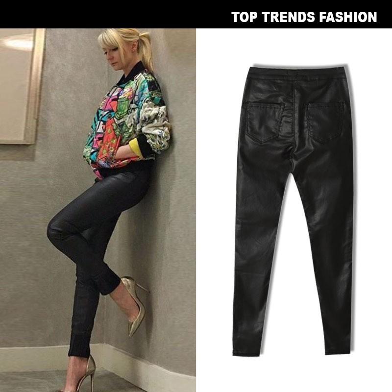 High Waist Slim Fit Stretch Faux Leather Denim Pants With PU Pockets Motorbike Style Plus Size