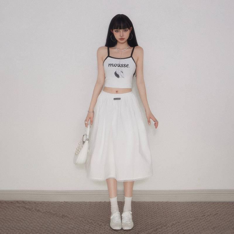 Retro High-Waisted Pleated A-Line Midi Skirt with Lace Trim and Elastic Waist Large