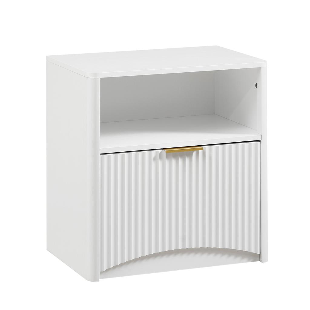 Grooved nightstand with open drawer and gold handles, space-saving, suitable for bedroom and living room, white