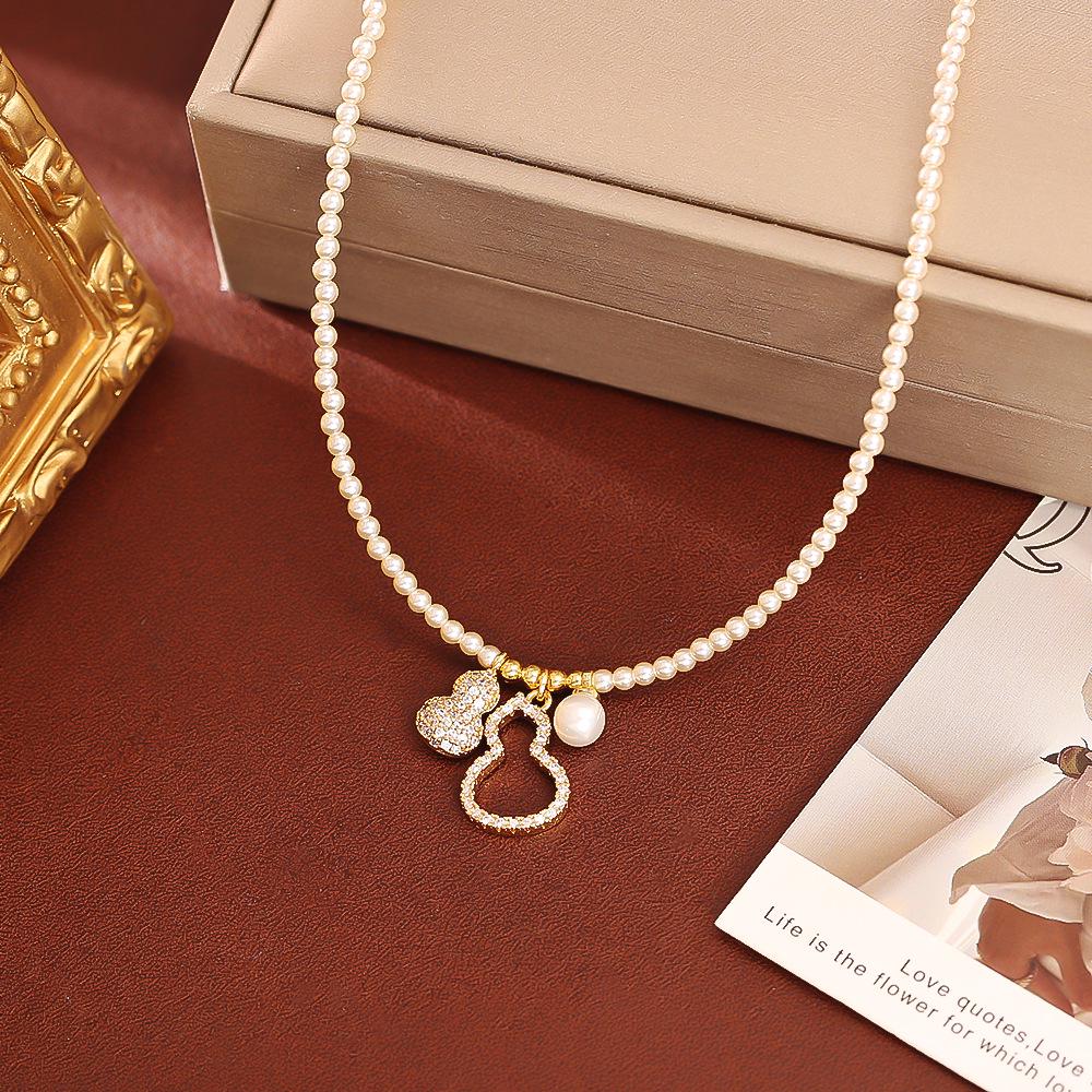 Chinese Fortune Gourd Pendant Pearl Necklace & Bracelet Set: High-End Elegant Collarbone Chain