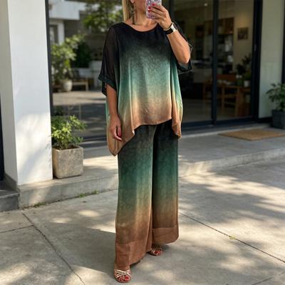Summer Plus Size 2 Piece Sets for Women Crew Neck Short Sleeve Top Wide Leg Pants Set Casual Loose Lounge Outfits