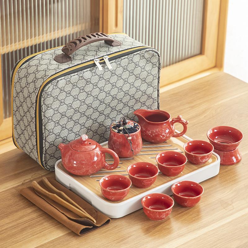 Travel ceramic Kung Fu tea set, tea tray, a full set of portable storage bags, practical business gifts for customers