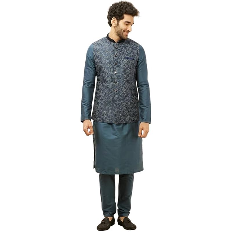 Manyavar Mens Blue Art Silk Printed Jacket
