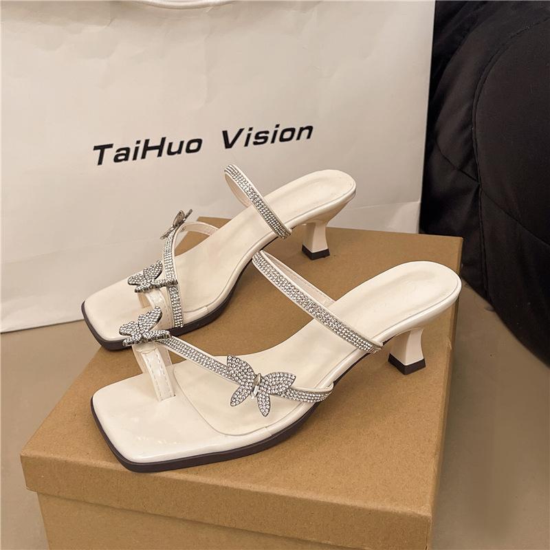 Summer women's butterfly beautiful one-pedal high-heeled slippers 2025 new fairy rhinestone crystal sandals