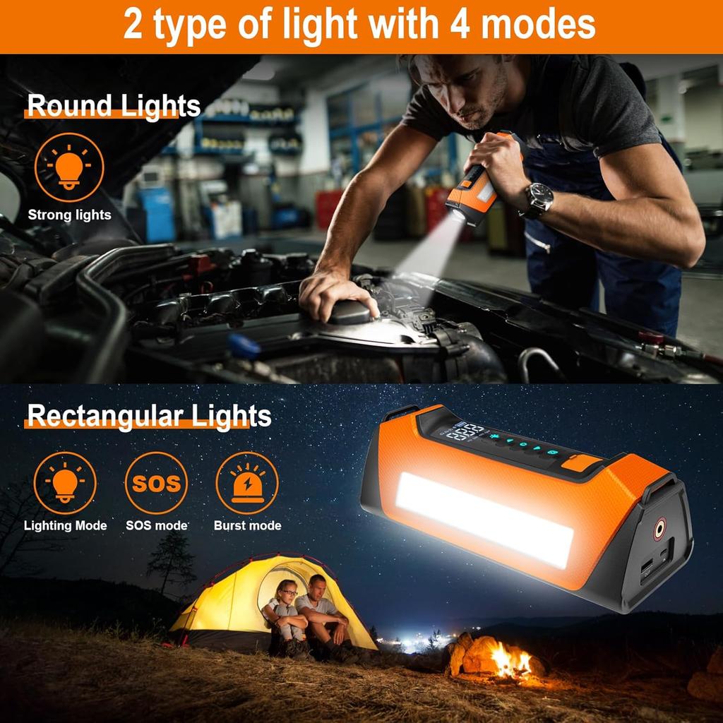 Startovací box do auta s vzduchovým kompresorem, 800 lumenovým LED světlem a 180 PSI přenosnou baterií, 12V automatický hustič pneumatik a startovací box v jednom, LCD displej