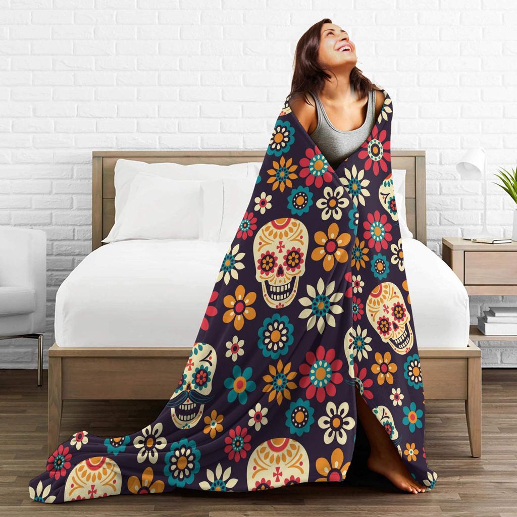 Day of the Dead Halloween Flannel blanket Sugar Skull Flower Customized Throw blanket for Home 200x150cm Bedspread
