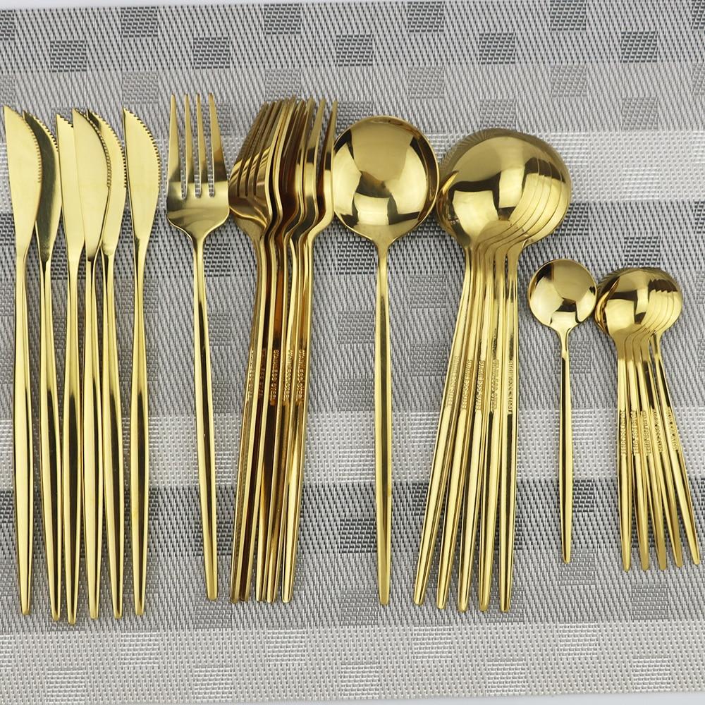 30pcs Gold Dinnerware Set Stainless Steel Tableware Set Knife Cake Fork Spoons Cutlery Set Plastic Storage Tray Kitchen Flatware