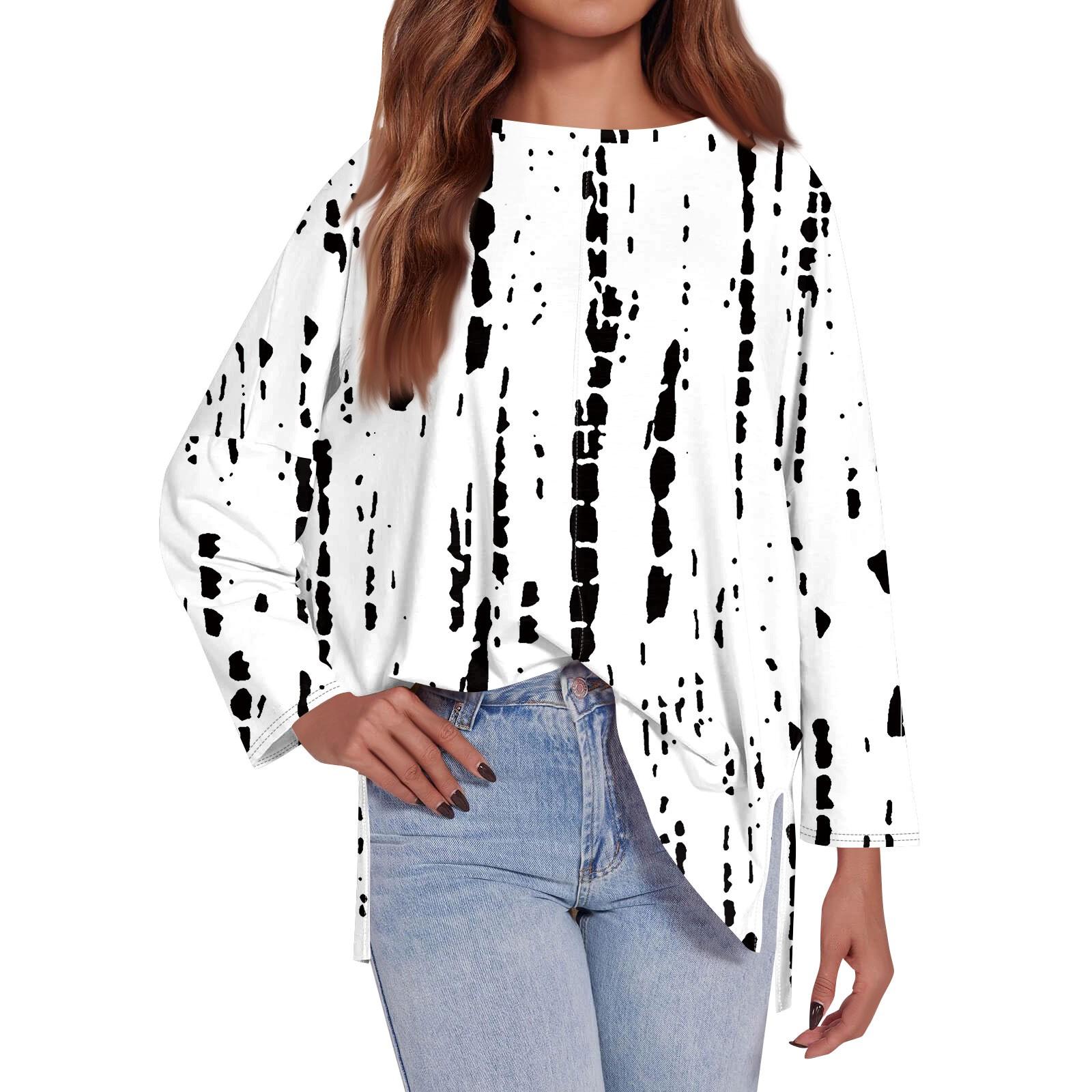 

Женская модная свободная футболка большого размера с круглым вырезом и длинным рукавом, разрезом по бокам, в полоску, с принтом, повседневный топ XL белый