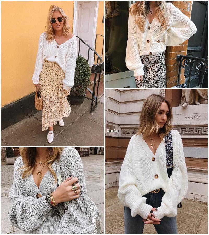 2026 Women's Solid Color Buttoned V-Neck Knit Cardigan Sweater for Autumn and Winter