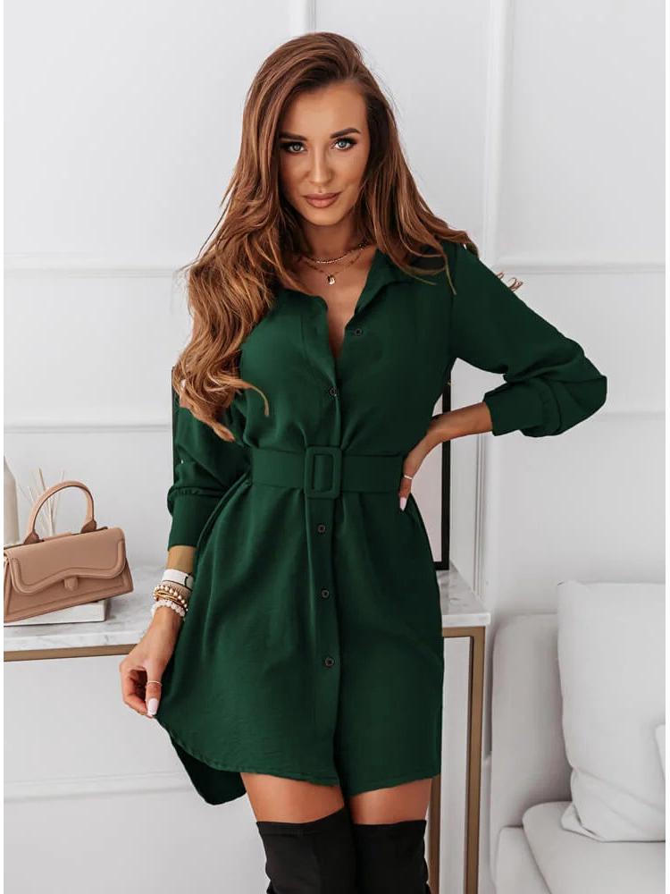 2022 Autumn/Winter Slimming Belted Long Sleeve Collared Dress