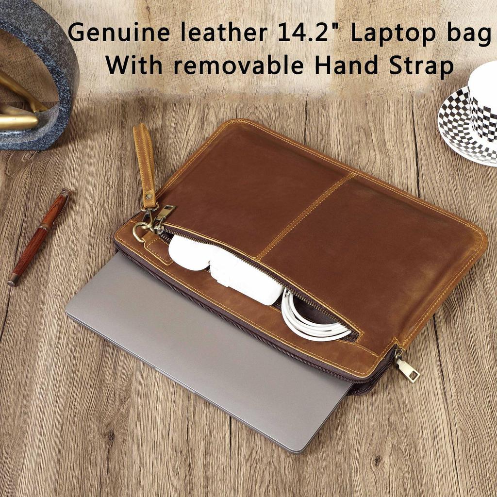 Compatible with New MacBook Pro 14, Genuine Leather Protective Case and Cowhide Inner Sleeve.