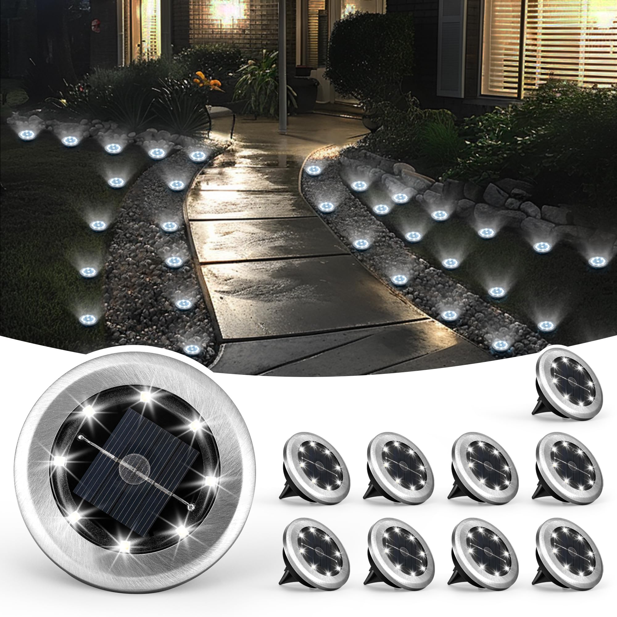 

10PC Solar Ground Disc Lights 8 LED Waterproof Outdoor Pathway Lights for Lawn Patio Yard Landscape Vila Lighting Sun Led Lamp