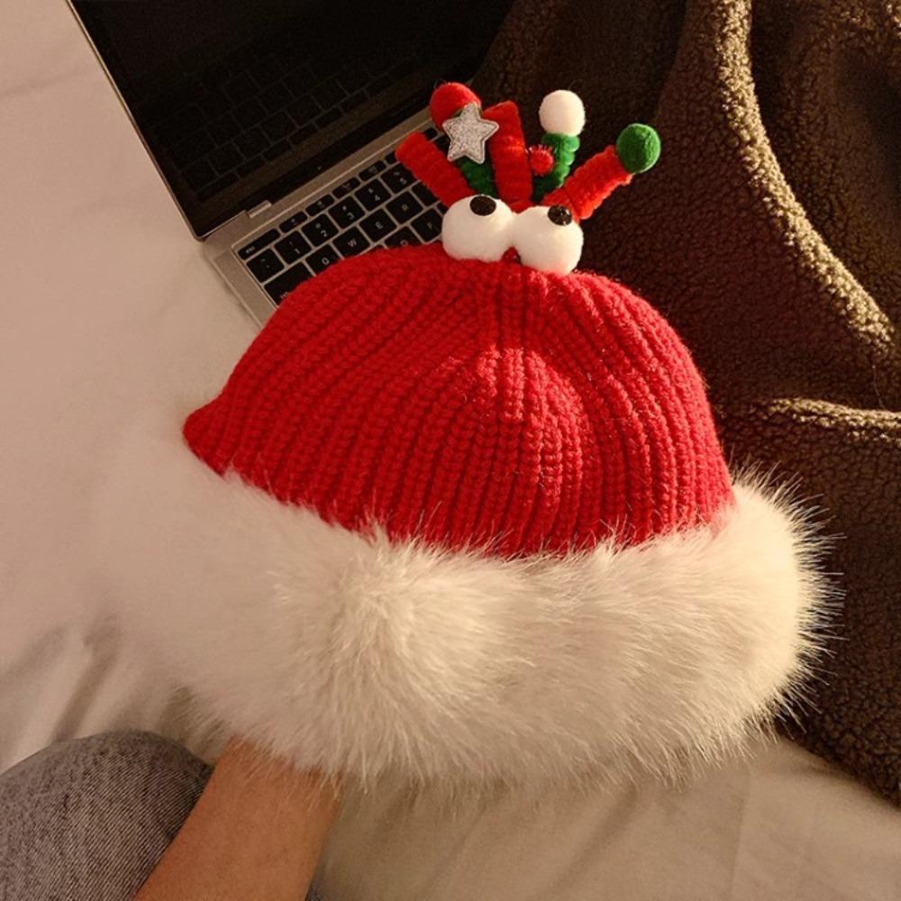 Soft Christmas Plush Cap Windproof Thickened Brimless Cap Versatile Red Knitted Woolen Hat  Outdoor