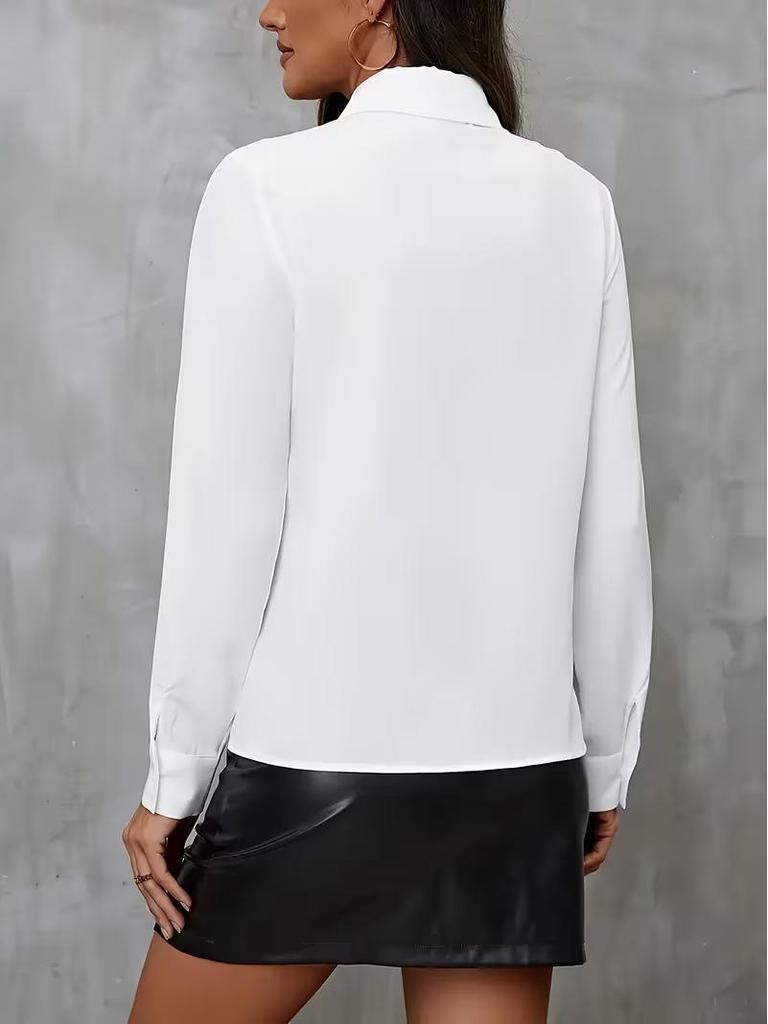 Women's White Ruffle Trim Long Sleeve Cardigan Shirt for Office.