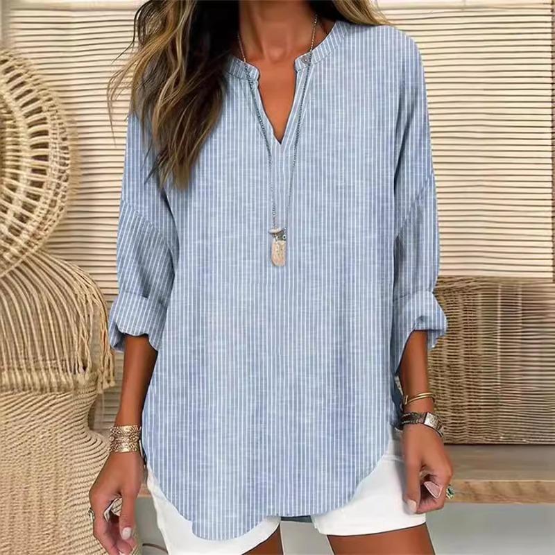 

V-neck Button Up Long Sleeved Curved Hem Garment 4XL