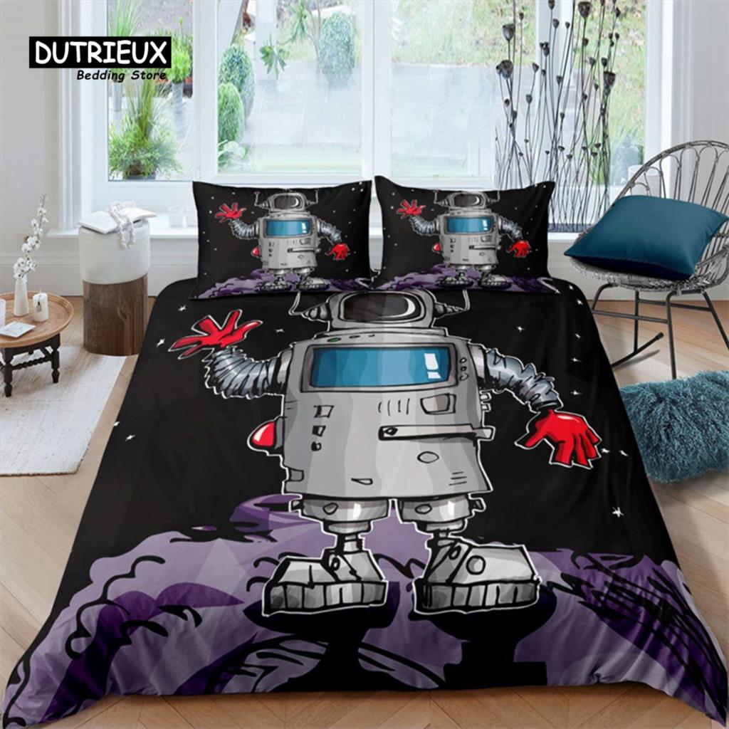 Robot Duvet Cover Set Cartoon Space Robot Bedding Set Patchwork Transformer Futuristic Machine Comforter Cover Twin Full For Boy