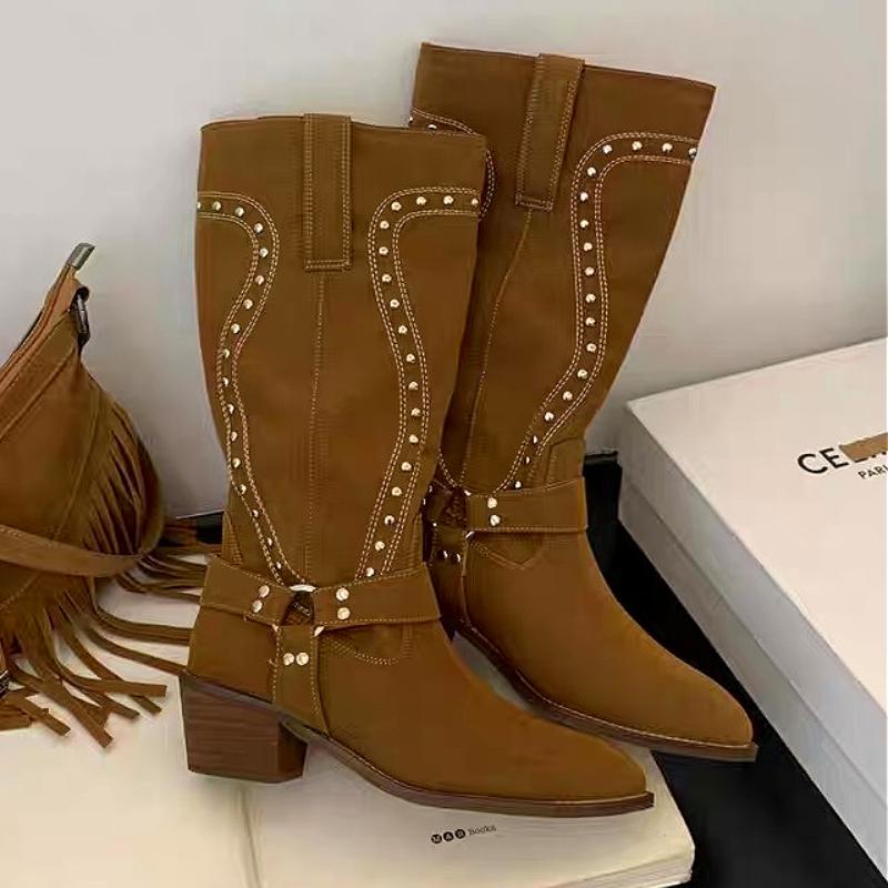 Rivet Retro Western Cowboy Boots Women Designer High Long Boots Ladies Fashion Chunky Heel Autumn Winter Boots Women Botas Mujer