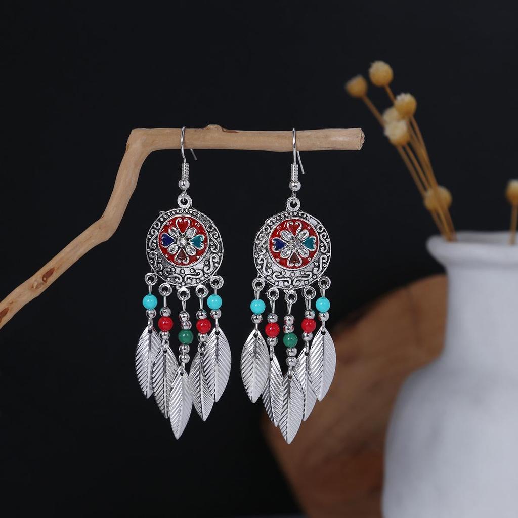 Bohemian Ethnic Oval Tassel Earrings with Beads