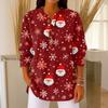 Women's Fashionable Button Collar Long-sleeved Christmas Print Pullover Top