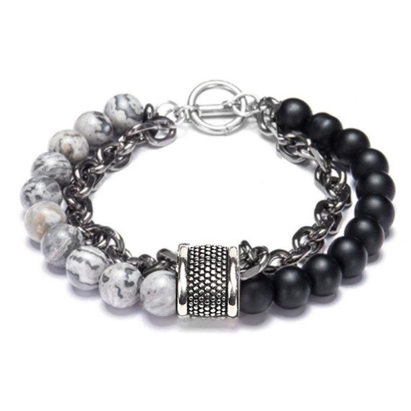 Natural Map Stone & Stainless Steel Men's Beaded Bracelet - Unique Fashion Jewelry