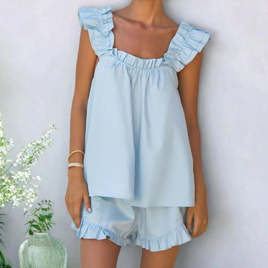 Womens Pajamas Set 2 Piece Ruffle Trim Tank Top And Shorts Sleepwear Set Summer