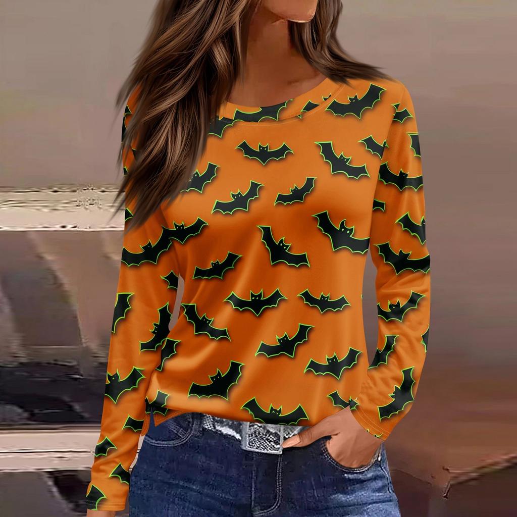 Damenmode Lässig Schlitzsaum Rundhals Langarm Locker Halloween Bedrucktes T-Shirt Damenoberteil