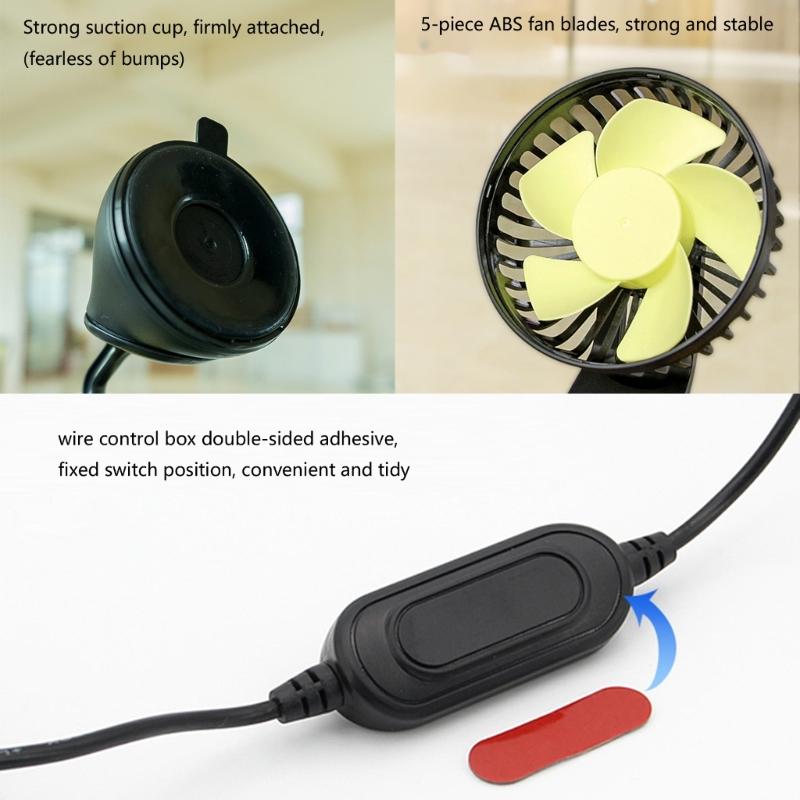 Car USB Clip Fan with 360 Degree Rotation & Strong ABS Suction Cup Portable Auto Suction Cup Fan for Vehicle Cooling