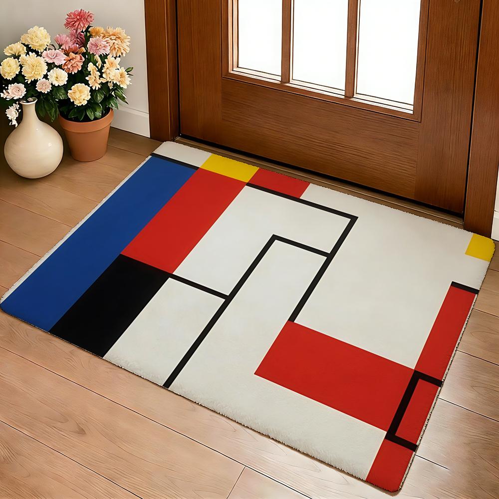 Tappetino Geometrico Astratto Stampa Mondrian Morbido Spesso Antiscivolo in Flanella Calda per Soggiorno Camera da Letto Cucina Tappeti Decorativi